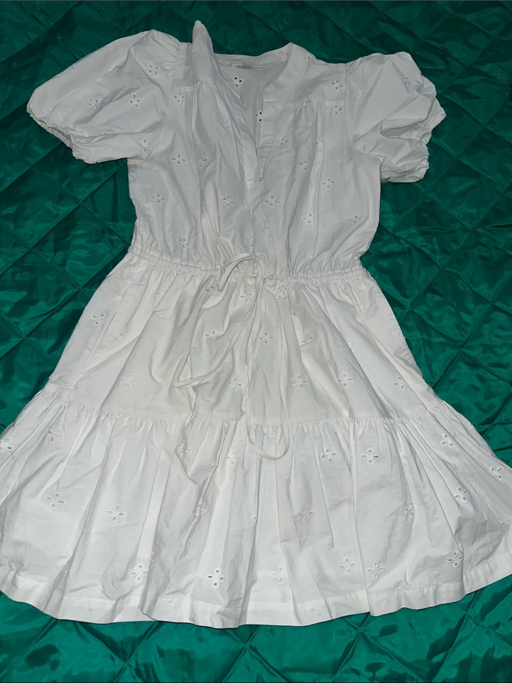 White Eyelet Tiered Mini Dress with Drawstring Waist